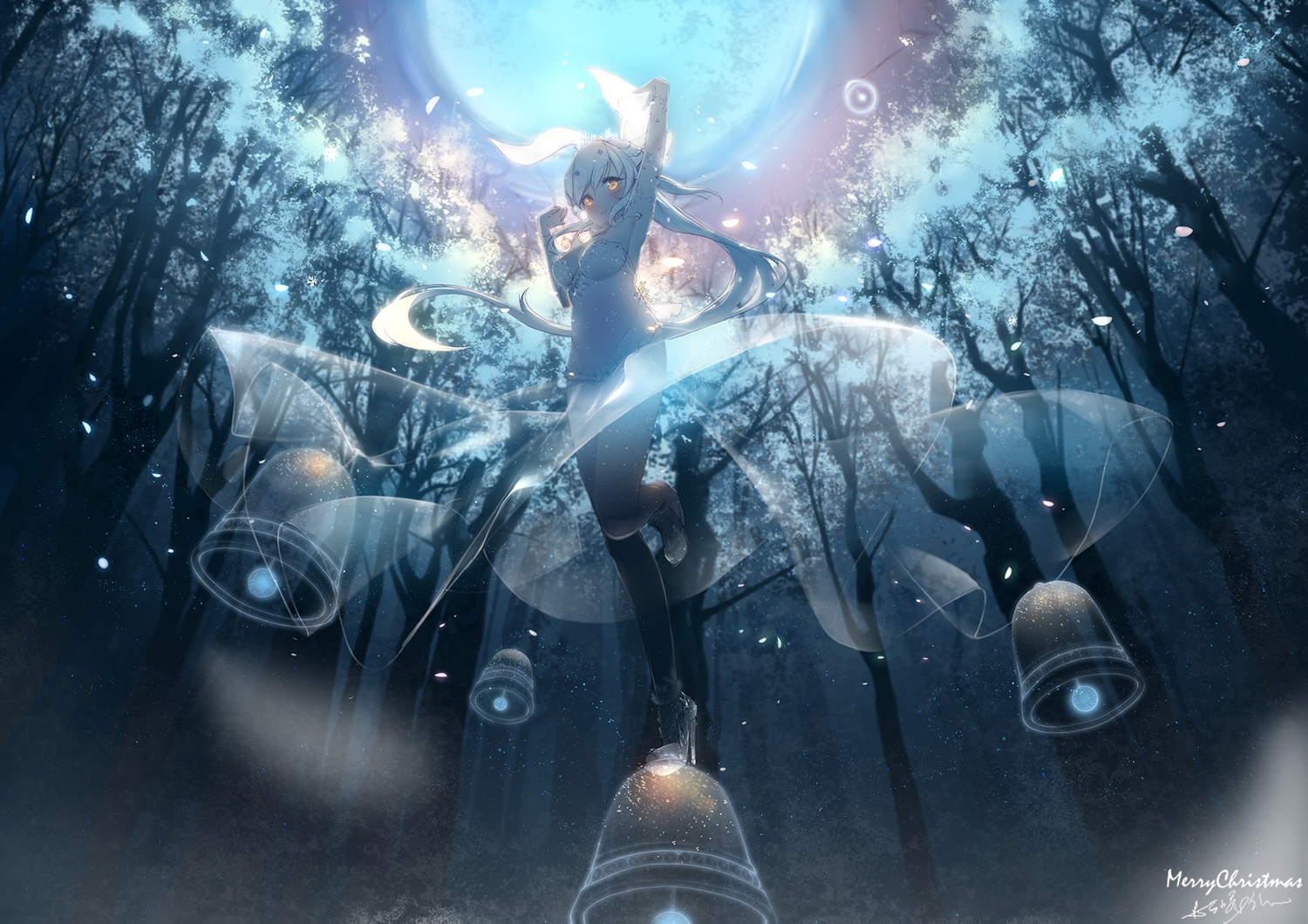 bell, breasts, dress, forest, futoshi_ame, long_hair, moon, original