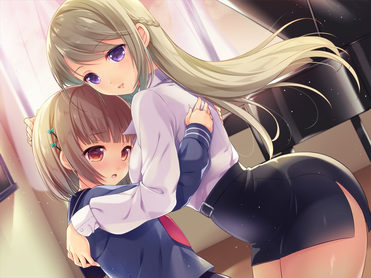 2girls, blonde_hair, blush, braids, brown_eyes, brown_hair, hug, instrument
