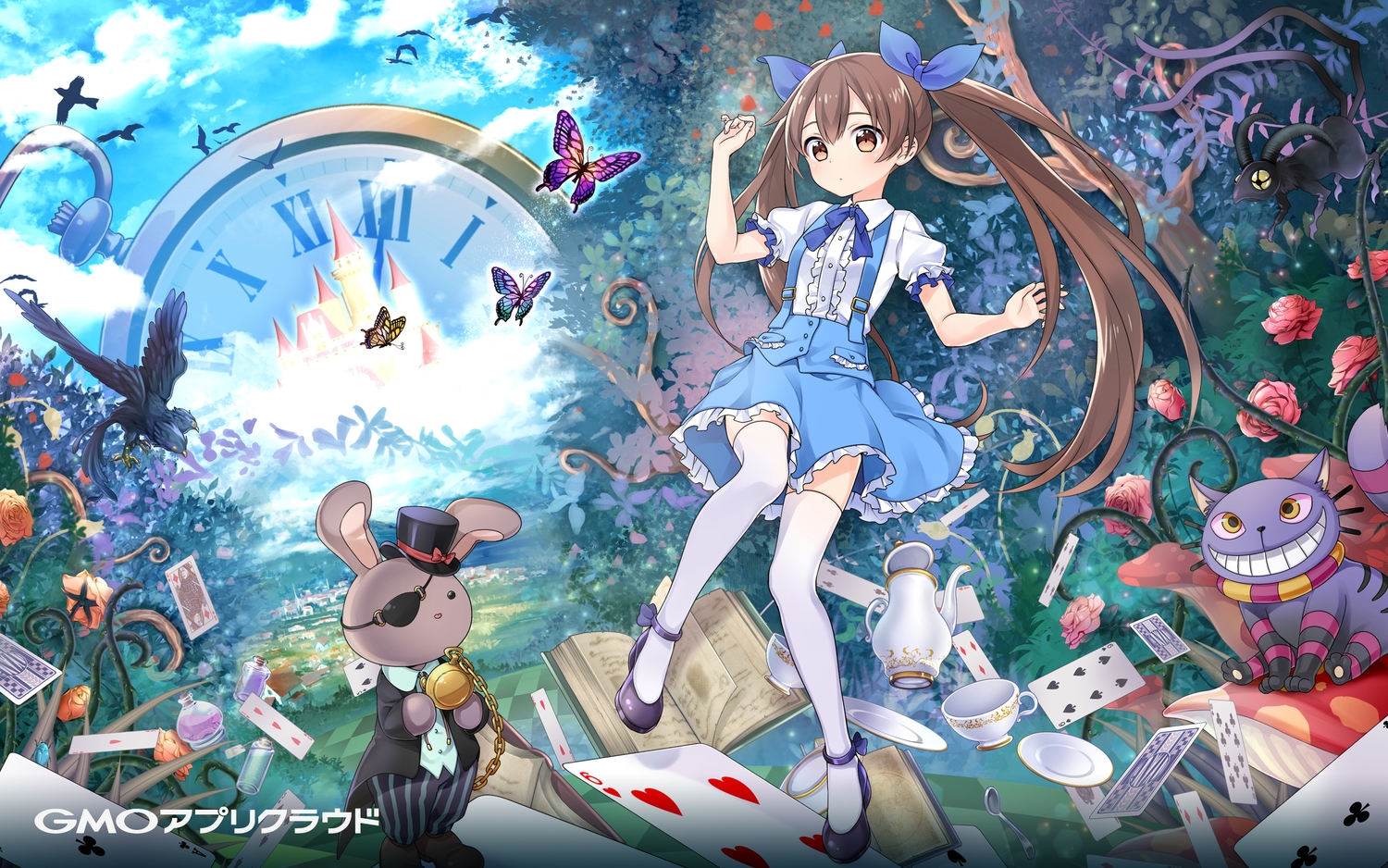 alice_in_wonderland, cheshire_cat, dress, gmo, kyuri, mikumo_anzu, thighhighs, twintails