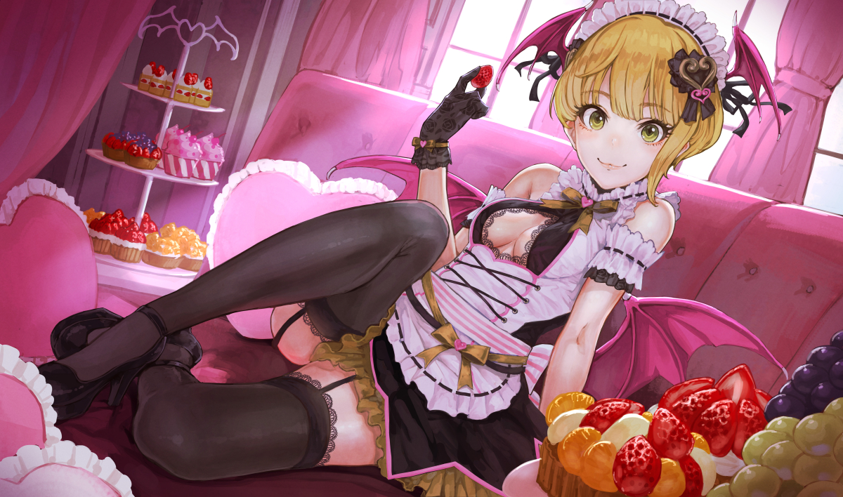 blonde_hair, blush, breasts, cake, cat_smile, cleavage, couch, demon