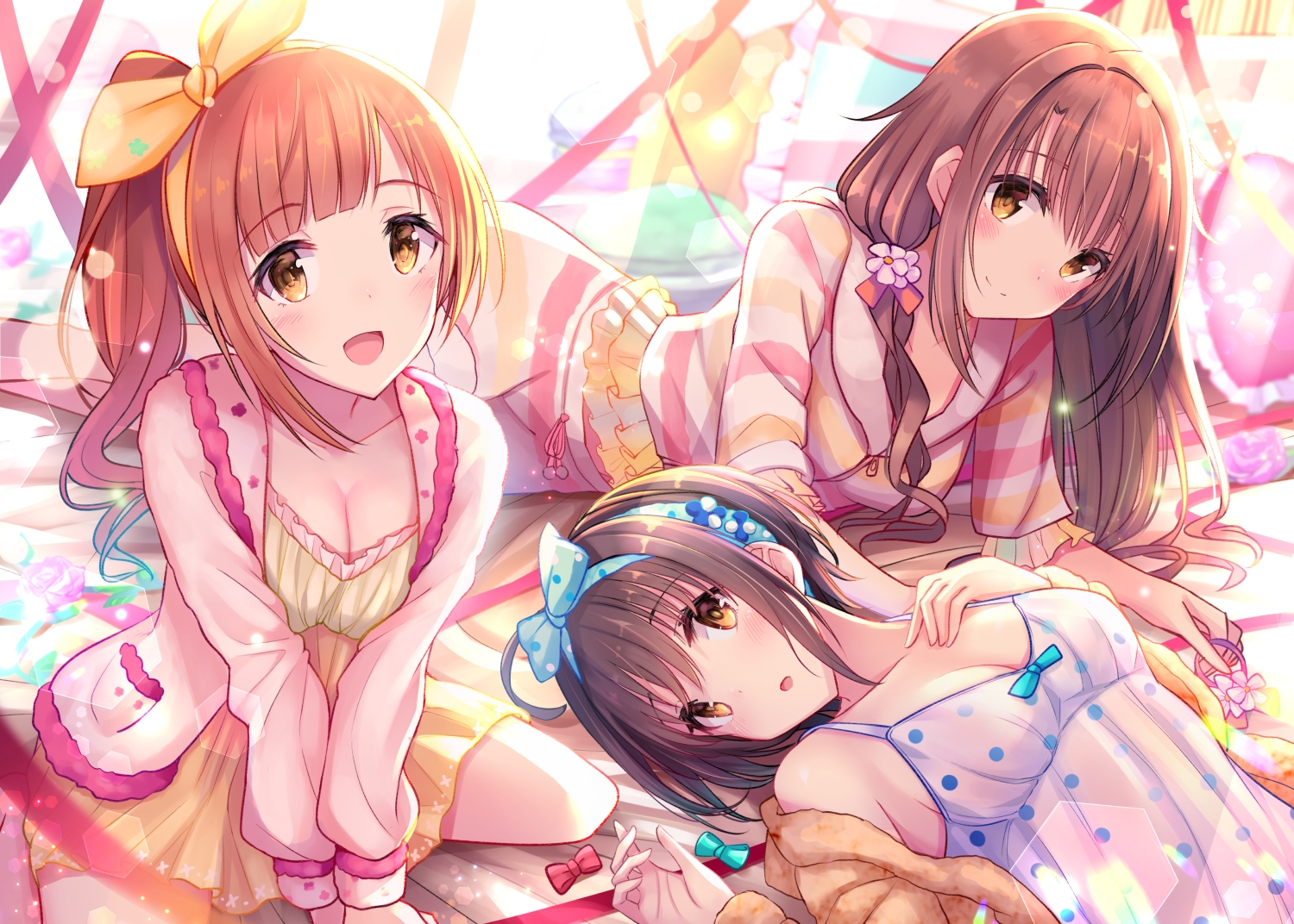 blush, bow, breasts, brown_eyes, brown_hair, cleavage, dress, headband