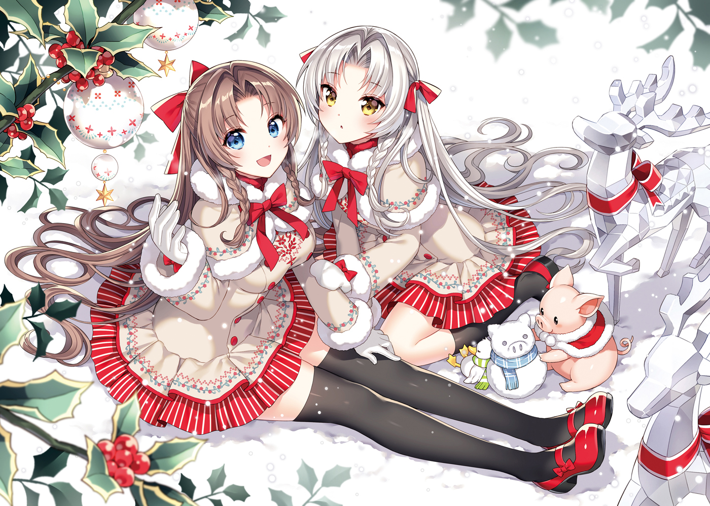 animal, aqua_eyes, bird, bow, braids, brown_hair, christmas, dress