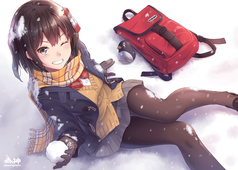 anthropomorphism, brown_eyes, brown_hair, d-style_wed, failure_penguin, gloves, kantai_collection, pantyhose