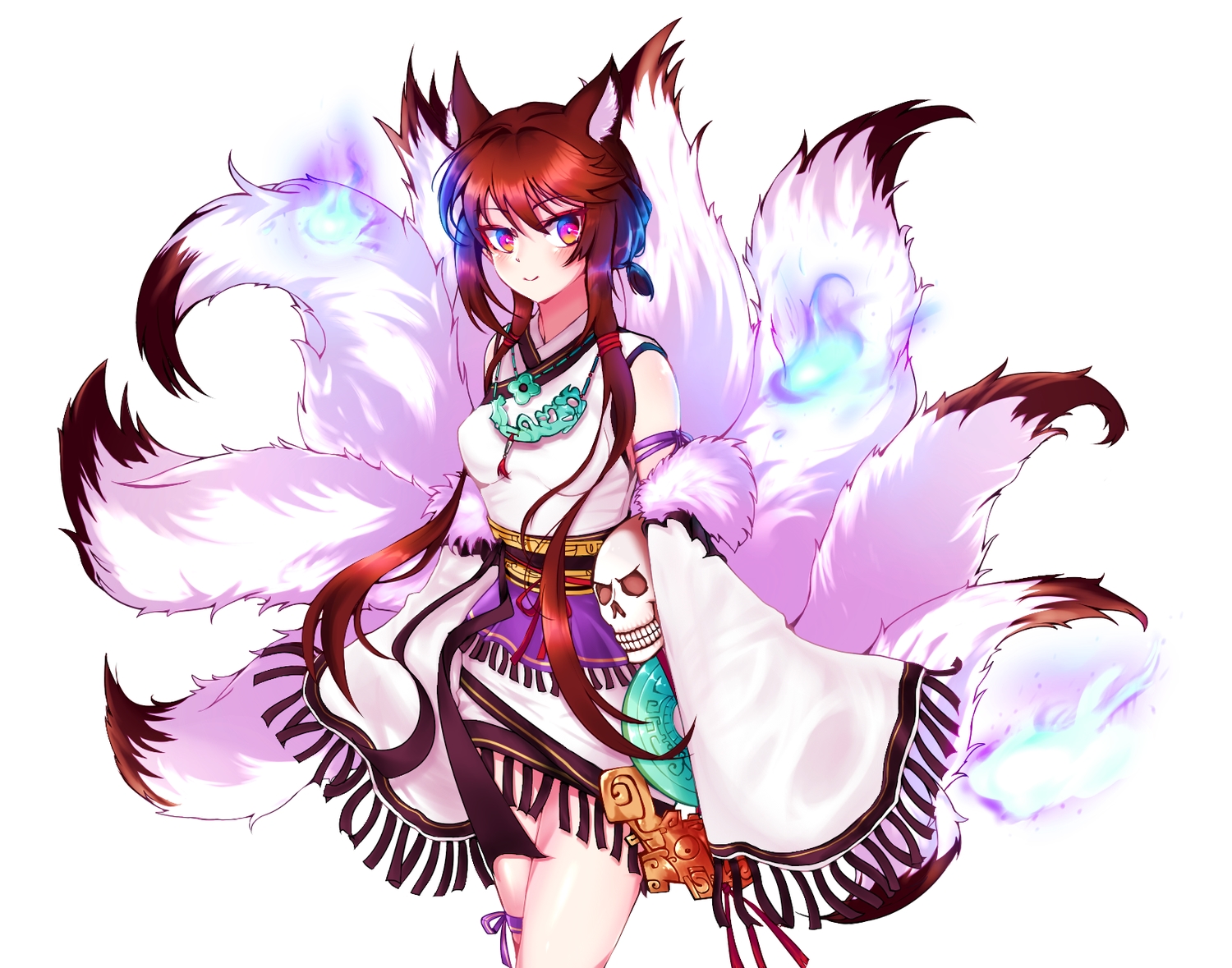 animal_ears, anthropomorphism, blush, brown_hair, foxgirl, garter, girls_frontline, japanese_clothes, k_milk12000, long_hair, multiple_tails, necklace, red_eyes, tail, type_79_(girls_frontline), white