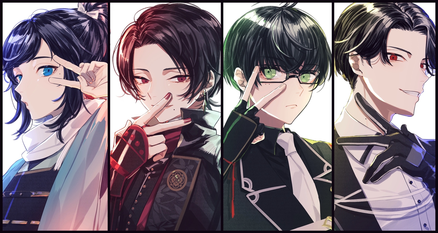 all_male, anthropomorphism, armor, black_hair, blue_eyes, buzen_gou, close, glasses, gloves, green_eyes, japanese_clothes, kashuu_kiyomitsu, kotegiri_gou, male, ponytail, red_eyes, scarf, suit, tie, touken_ranbu, yamada_chickenko, yamato-no-kami_yasusada