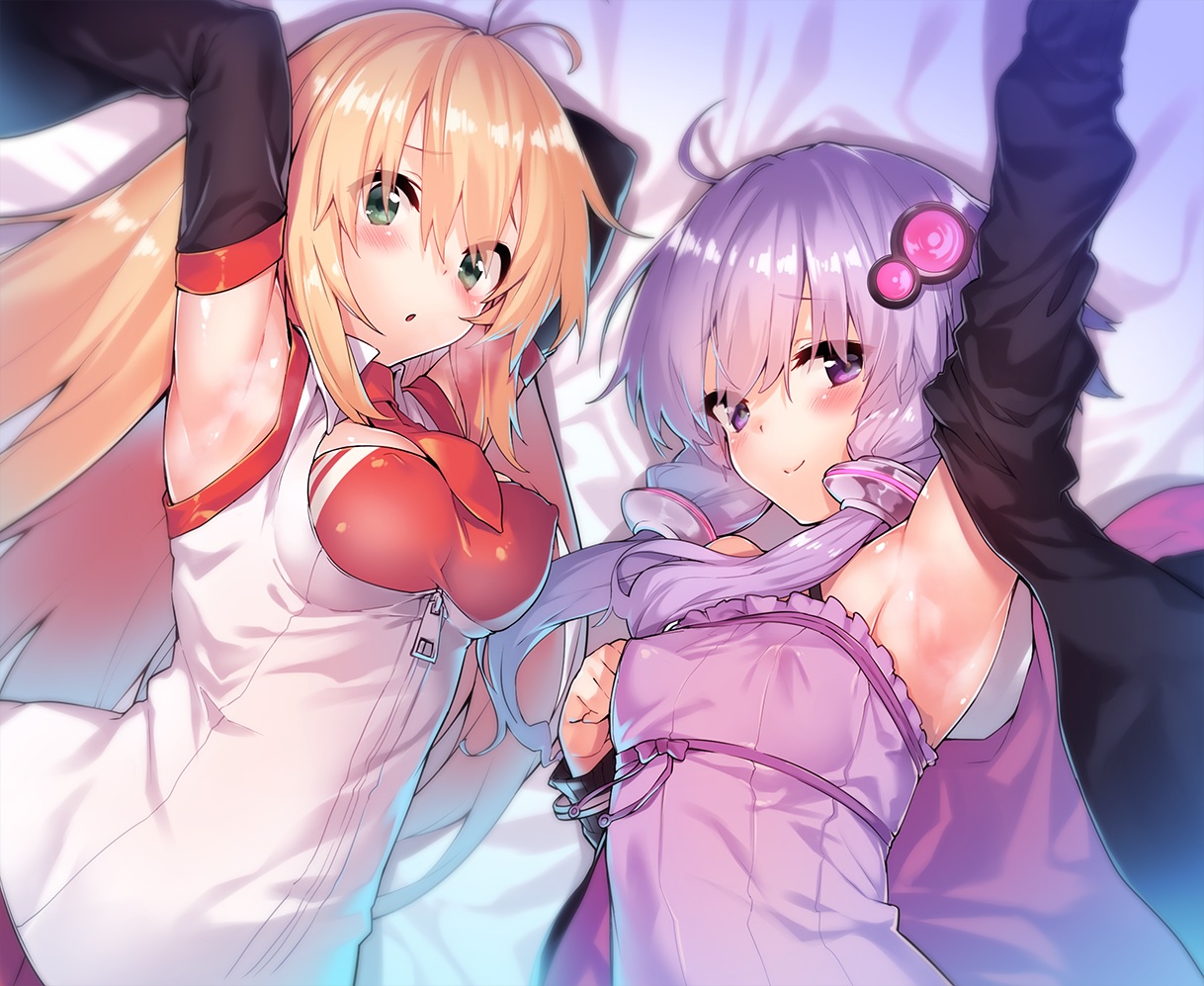 2girls, blonde_hair, blush, breasts, dress, erect_nipples, green_eyes, hood, long_hair, purple_eyes, purple_hair, sawayaka_samehada, tie, tsurumaki_maki, twintails, vocaloid, voiceroid, yuzuki_yukari