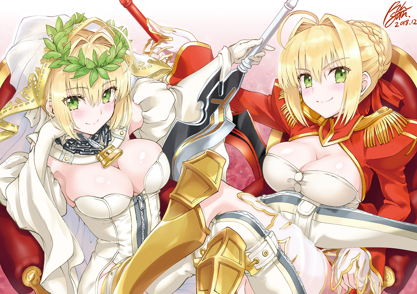 armor, blonde_hair, blush, braids, breasts, chain, cleavage, couch, elbow_gloves, fate/grand_order, fate_(series), gloves, gradient, green_eyes, headdress, nero_claudius_(bride), nero_claudius_(fate), rohgun, short_hair, sword, weapon