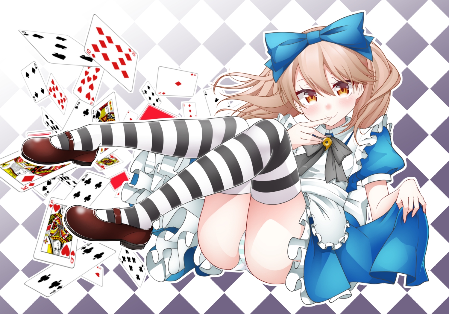 alice_in_wonderland, anthropomorphism, apron, blush, bow, brown_hair, cosplay, dress, kantai_collection, kirigakure_(kirigakure_tantei_jimusho), long_hair, orange_eyes, panties, ryuujou_(kancolle), skirt_lift, striped_panties, thighhighs, twintails, underwear