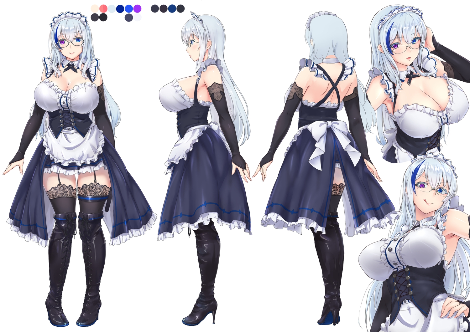 apron, bicolored_eyes, boots, breasts, cleavage, garter_belt, glasses, gray_hair, headdress, long_hair, maid, original, stockings, thighhighs, tori@gununu, white