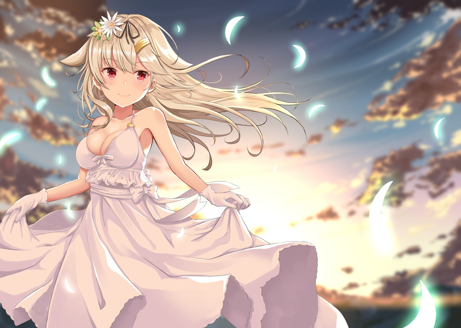 anthropomorphism, blonde_hair, blush, breasts, cleavage, clouds, dress, flowers