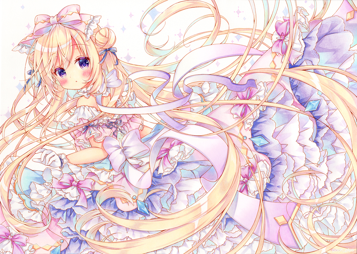 blonde_hair, blush, bow, dress, gloves, lolita_fashion, long_hair, original, purple_eyes, puu_(kari---ume)