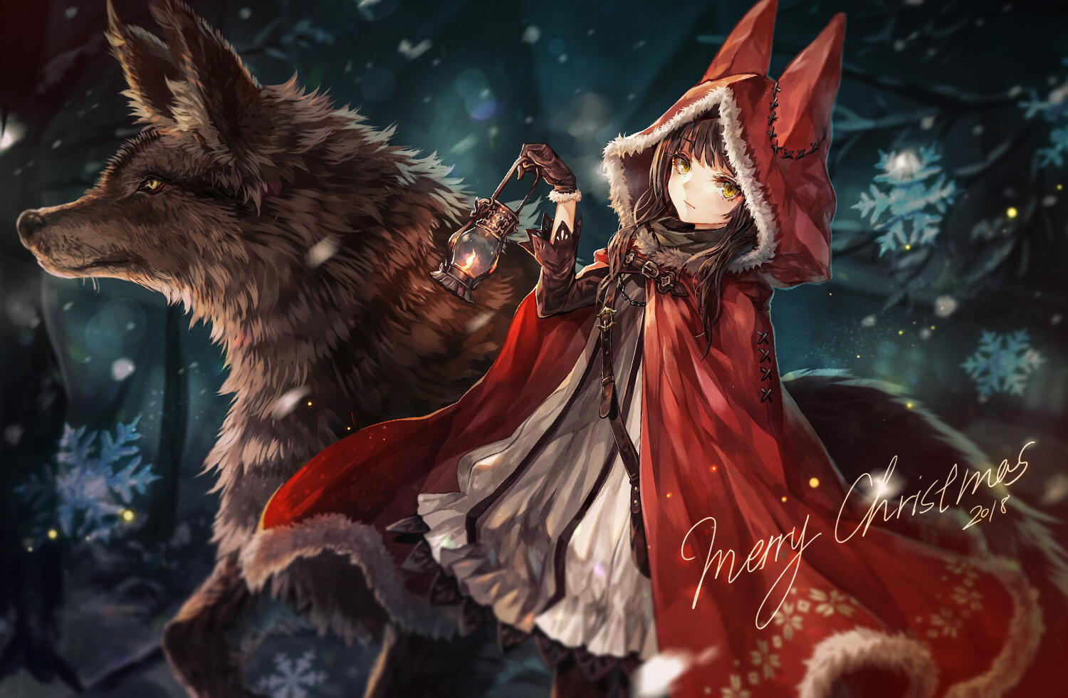 animal, animal_ears, brown_hair, cape, christmas, dress, forest, gloves, hood, long_hair, original, pantyhose, senano-yu, snow, tree, wolf, yellow_eyes