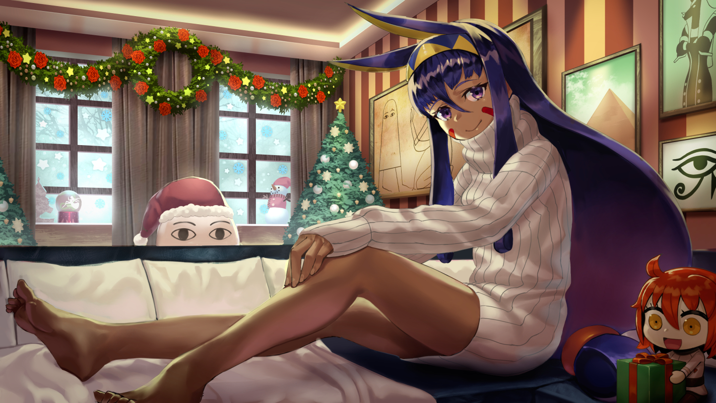 animal_ears, barefoot, beppu_mitsunaka, christmas, couch, dark_skin, dress, fate/grand_order, fate_(series), fujimaru_ritsuka_(female), long_hair, nitocris_(fate/grand_order), purple_eyes, purple_hair, tree