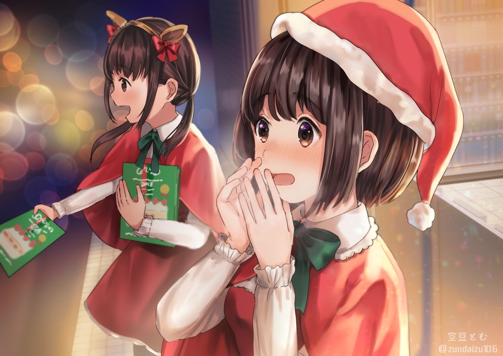 2girls, animal_ears, blush, bow, brown_eyes, brown_hair, cape, christmas, hat, headband, original, santa_costume, santa_hat, short_hair, soramame_tomu, twintails, watermark
