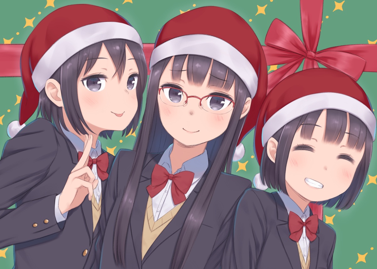 black_eyes, black_hair, blush, bow, christmas, glasses, hat, kyak_bamboo