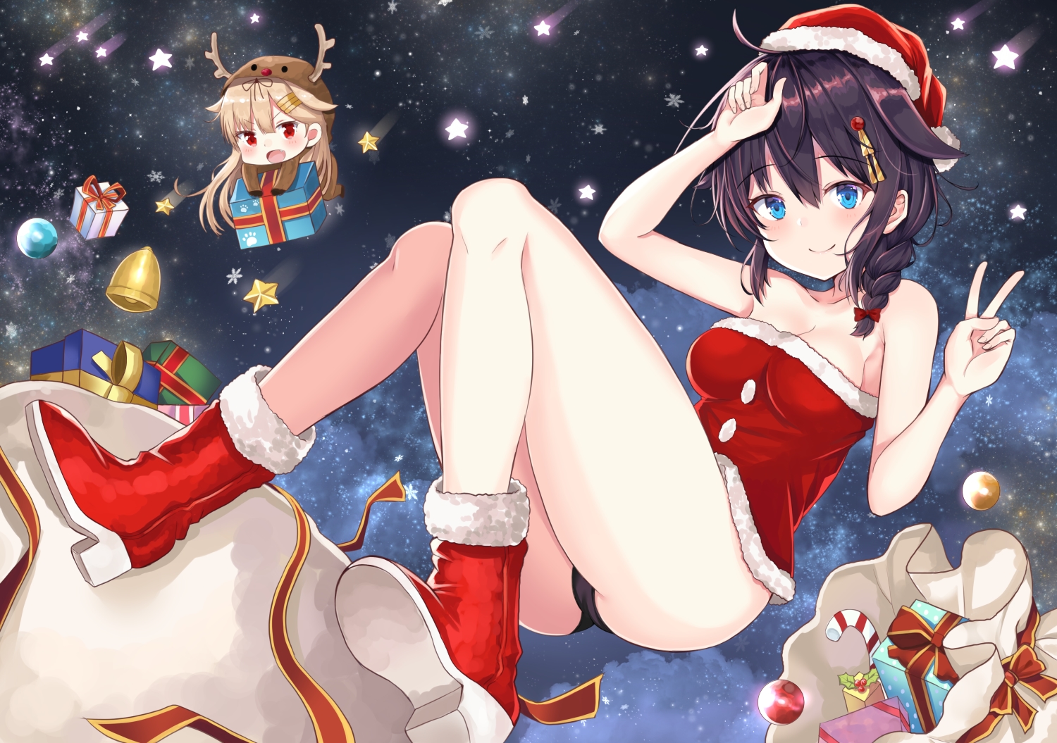 2girls, anthropomorphism, bell, black_hair, blue_eyes, boots, braids, breasts