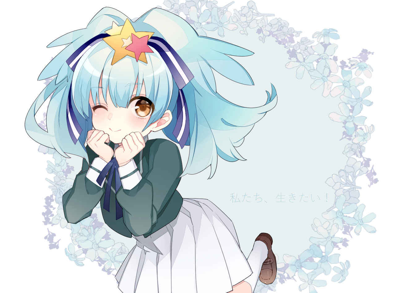 aqua_hair, brown_eyes, flowers, hoshikawa_lily, kneehighs, long_hair, school_uniform, skirt, uehara_(dormmmmir_), white, wink, zombie_land_saga