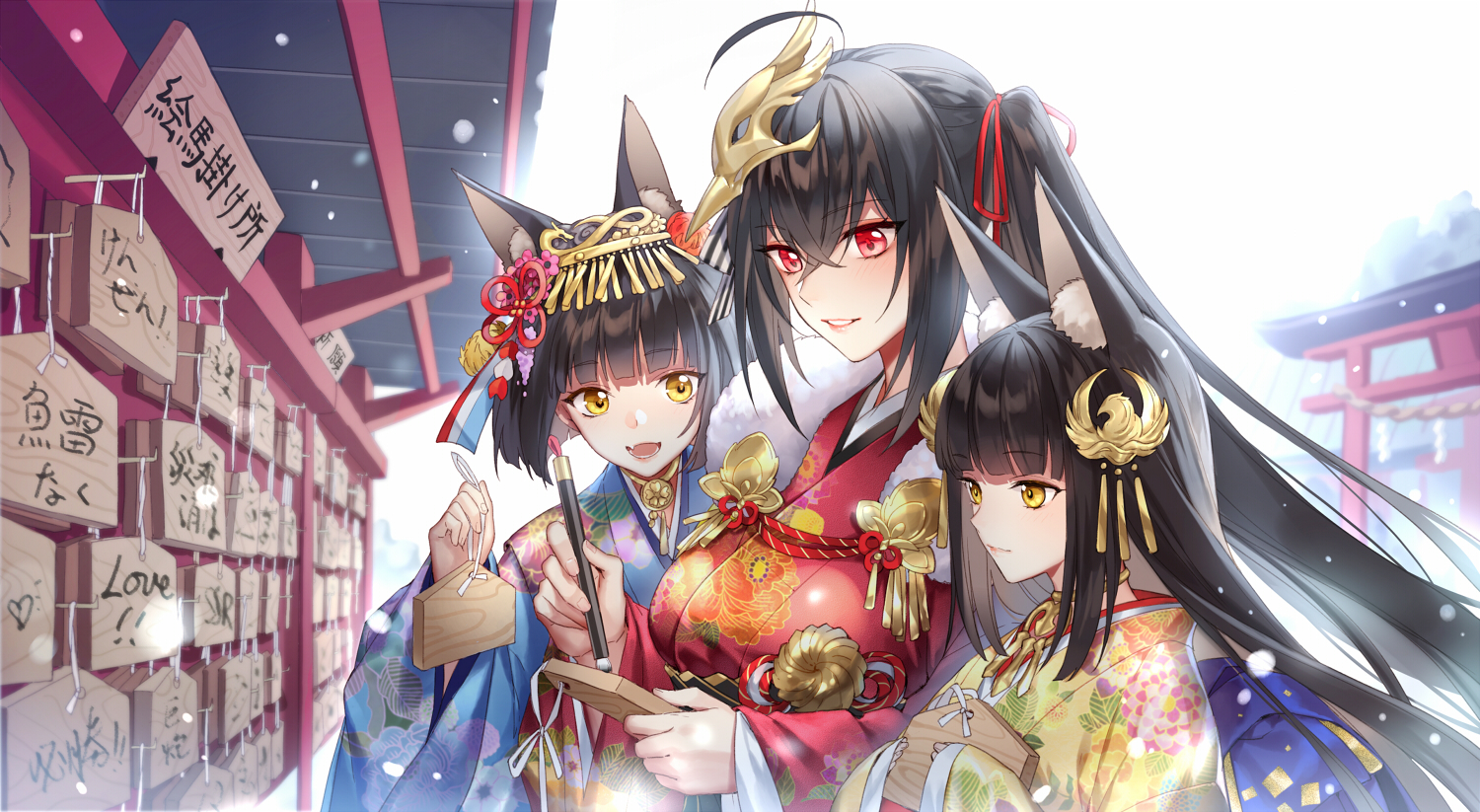 animal_ears, anthropomorphism, azur_lane, black_hair, fang, foxgirl, japanese_clothes, kangetsu_(fhalei)