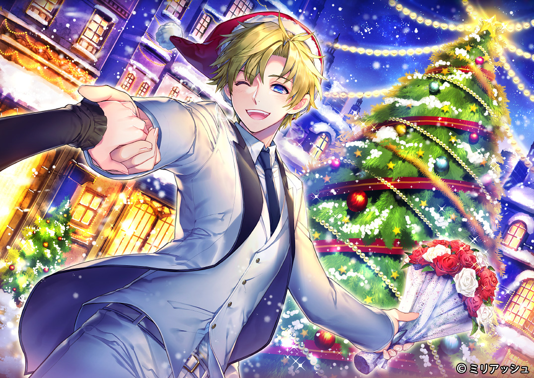 aqua_eyes, blush, building, christmas, city, flowers, green_hair, hat