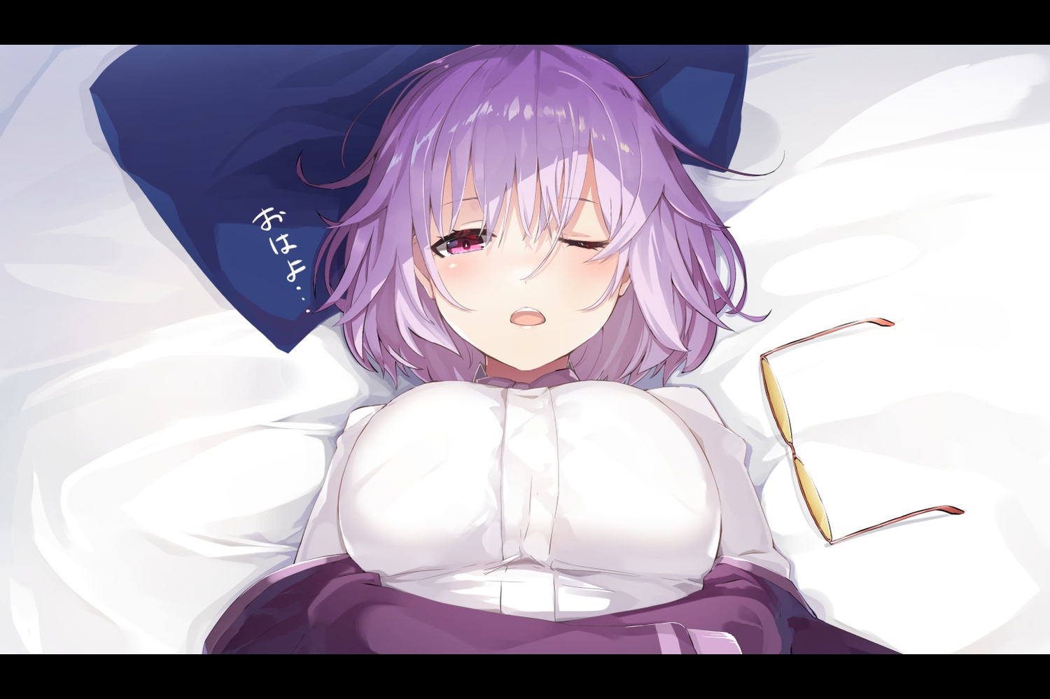 bed, breasts, close, glasses, meth_(emethmeth), pink_eyes, purple_hair, school_uniform