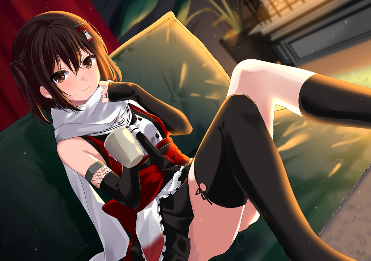 anthropomorphism, brown_eyes, brown_hair, drink, ica, kantai_collection, scarf, sendai_(kancolle)