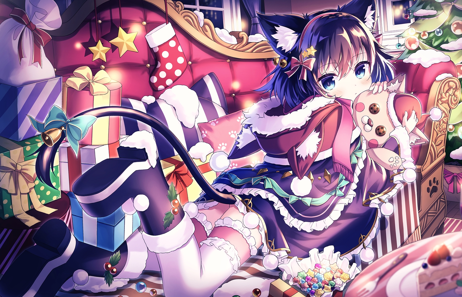 animal_ears, bell, blue_eyes, blue_hair, blush, boots, bow, cake, candy, catgirl, christmas, couch, food, fruit, garter, hug, original, satou_(3366_s), short_hair, strawberry, tail, thighhighs