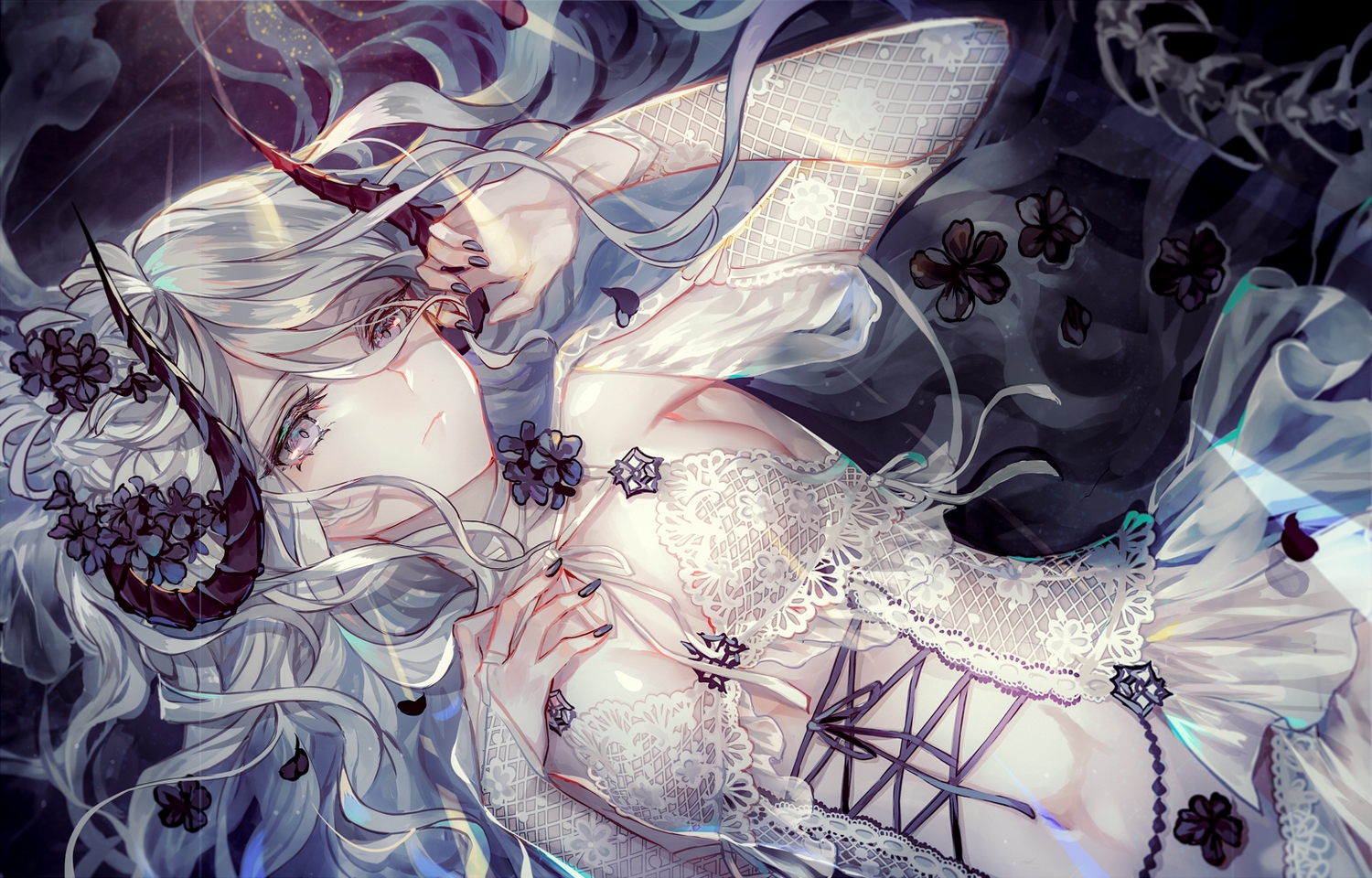 breasts, flowers, gray_eyes, gray_hair, horns, long_hair, original, senano-yu