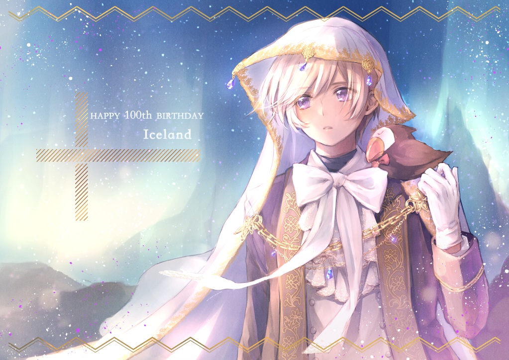 all_male, animal, anthropomorphism, axis_powers_hetalia, bird, blonde_hair, iceland_(hetalia), male, otsunabe, purple_eyes, short_hair