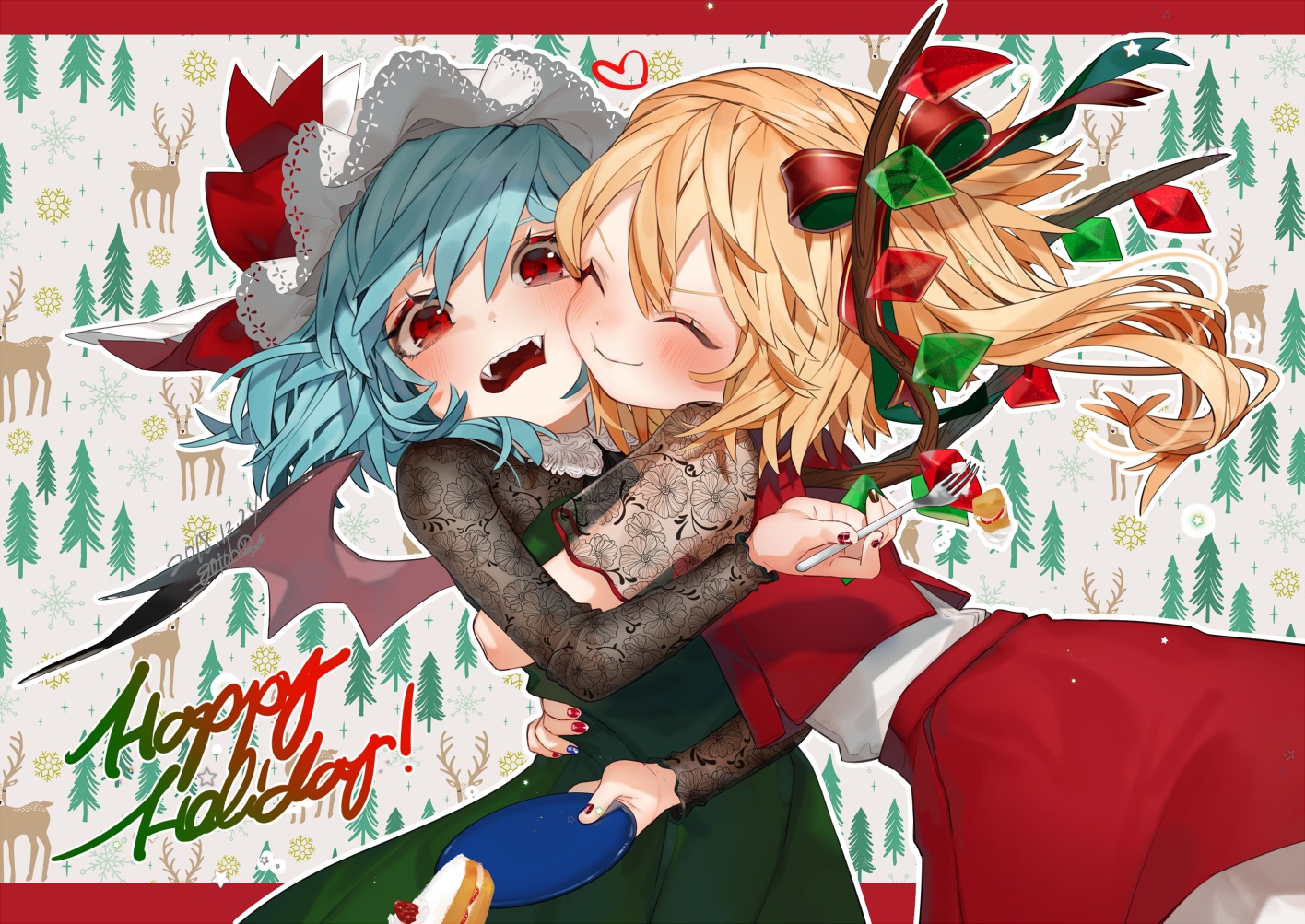 2girls, blonde_hair, blue_hair, cake, christmas, flandre_scarlet, food, fruit
