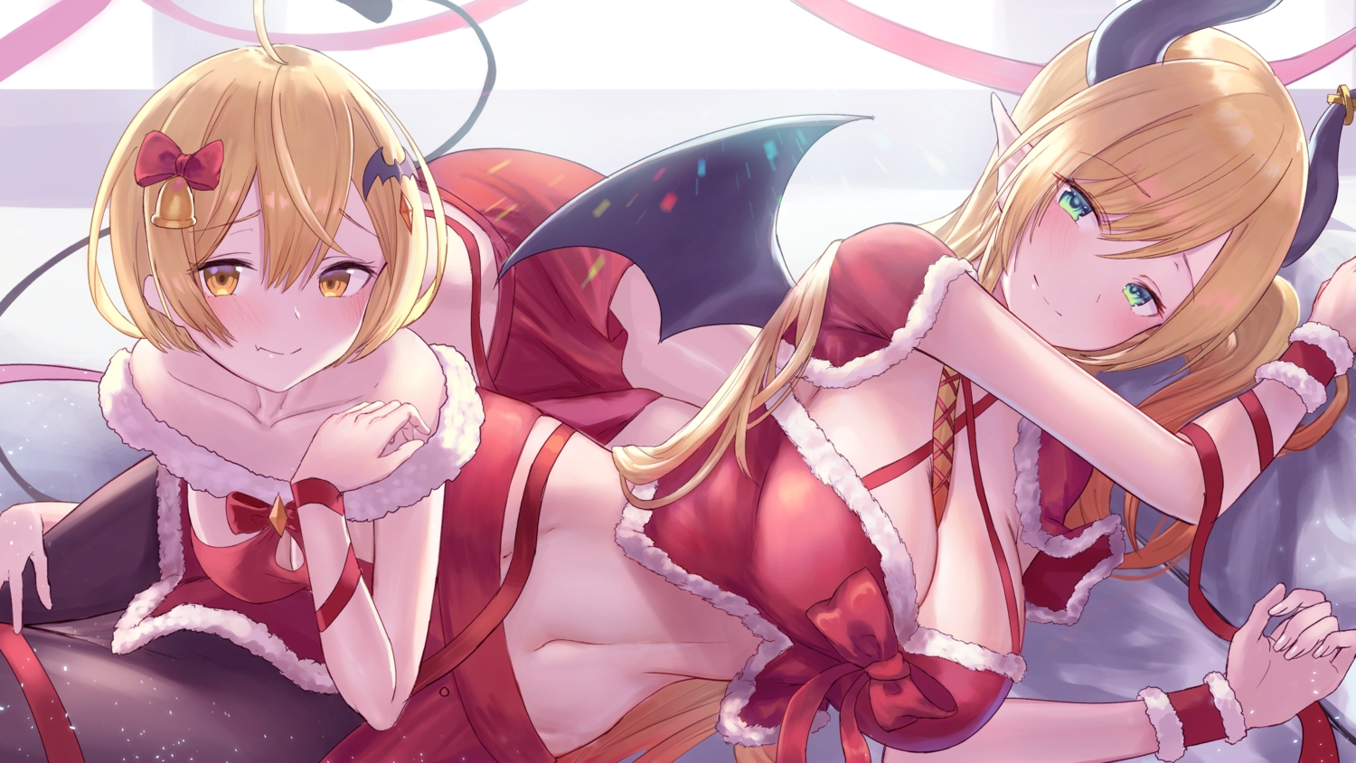 2girls, bell, blonde_hair, blush, bow, christmas, demon, green_eyes