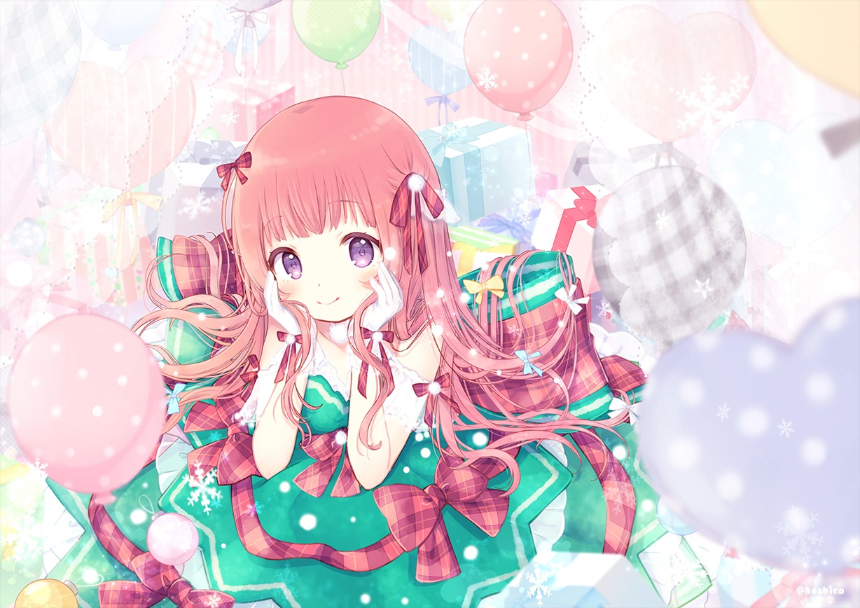 christmas, dress, gloves, kon_hoshiro, long_hair, original, pink_hair, purple_eyes