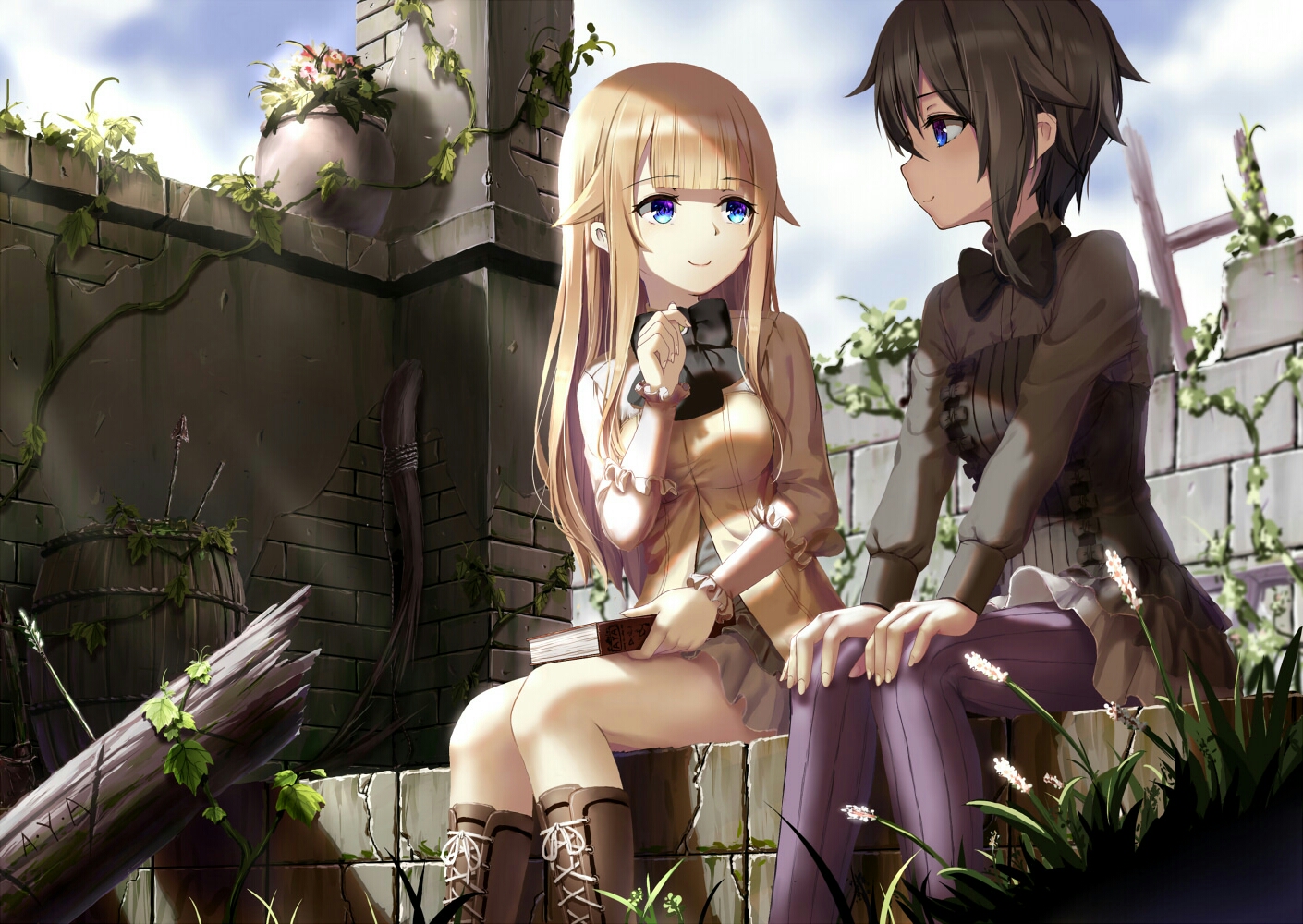 2girls, aliasing, ange_le_carré, aqua_eyes, aya223, blonde_hair, blue_eyes, book, boots, bow, brown_hair, clouds, dress, grass, long_hair, pantyhose, princess_(princess_principal), princess_principal, ruins, short_hair, skirt, sky, wristwear