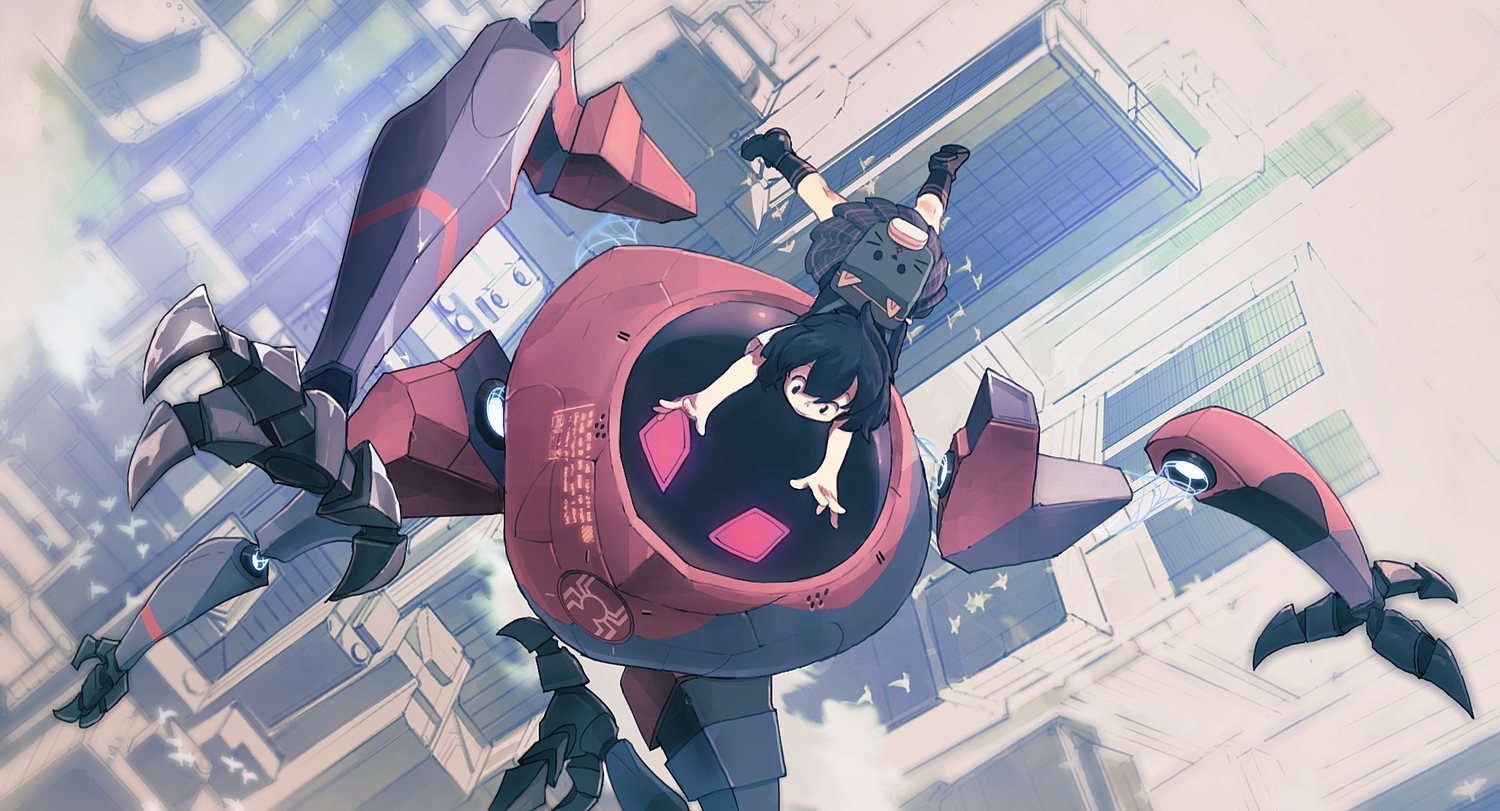 black_eyes, black_hair, building, city, kneehighs, loli, marvel_comics, mecha, peni_parker, school_uniform, short_hair, skirt, sp//dr, whitebear