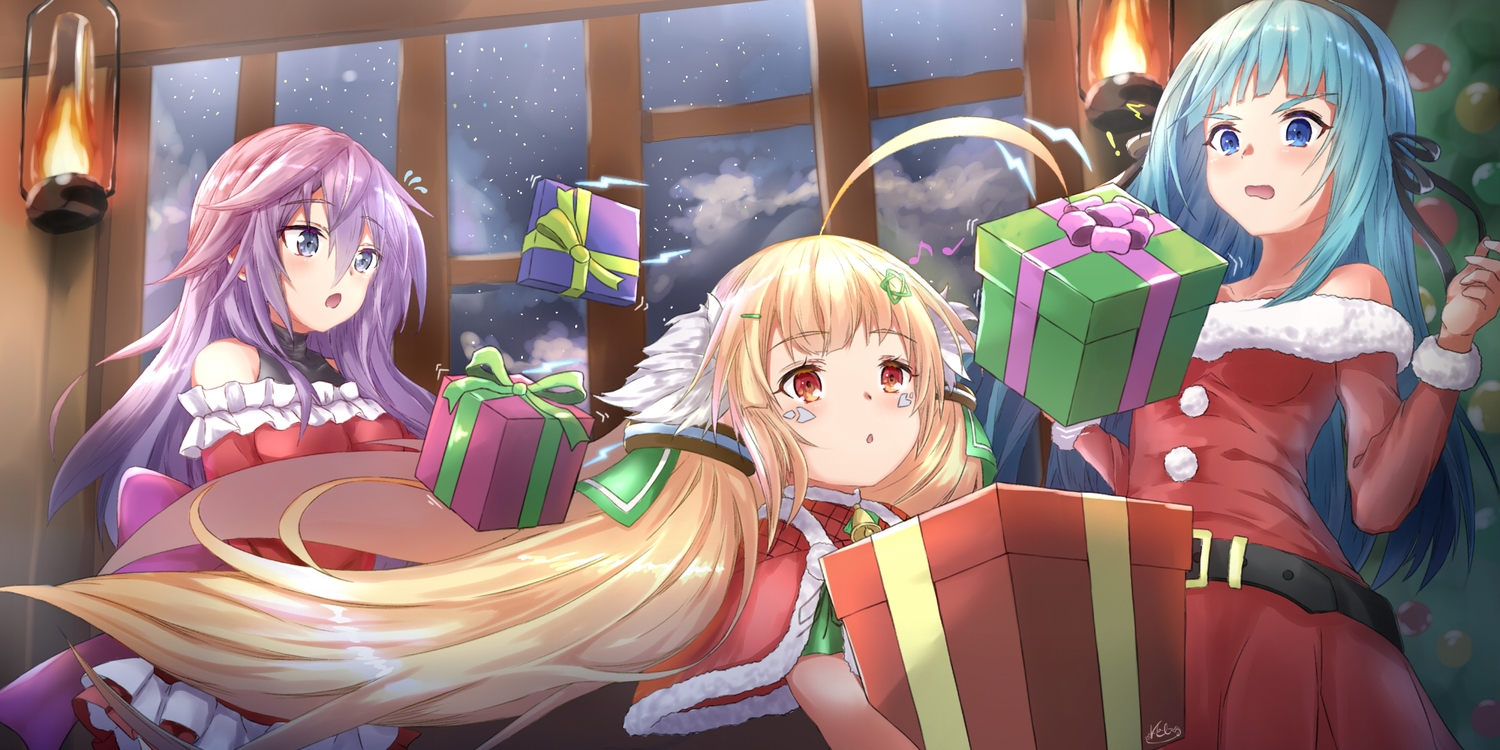 anemone_(flower_knight_girl), anthropomorphism, aqua_hair, azur_lane, bell, blonde_hair, blue_eyes, bow, cape, christmas, closers, crossover, dress, eldridge_(azur_lane), flower_knight_girl, loli, long_hair, pnt_(ddnu4555), purple_hair, red_eyes, santa_costume, signed, twintails, violet_(closers)