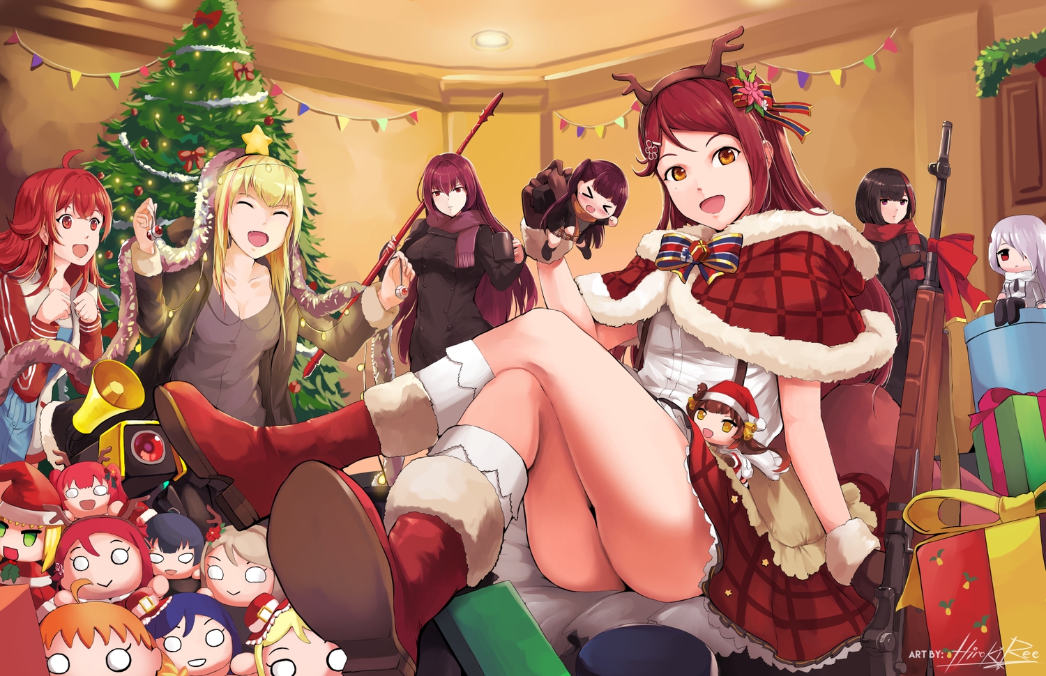 anthropomorphism, christmas, fate/grand_order, fate_(series), girls_frontline, group, hat, hiroki_ree