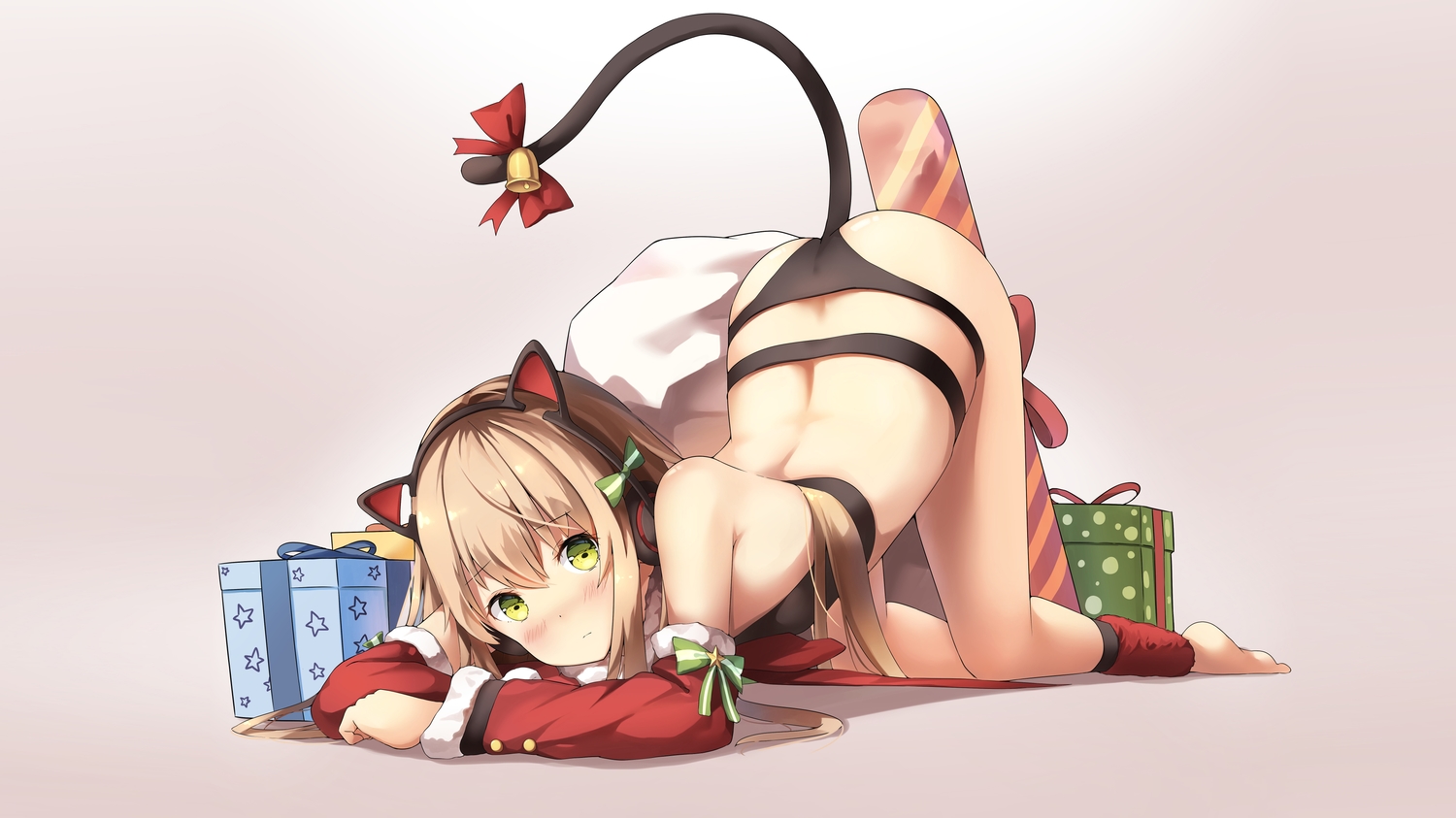 animal_ears, anthropomorphism, barefoot, bikini, blonde_hair, blush, christmas, girls_frontline, green_eyes, headphones, long_hair, sobmarine, swimsuit, tail, tmp_(girls_frontline)