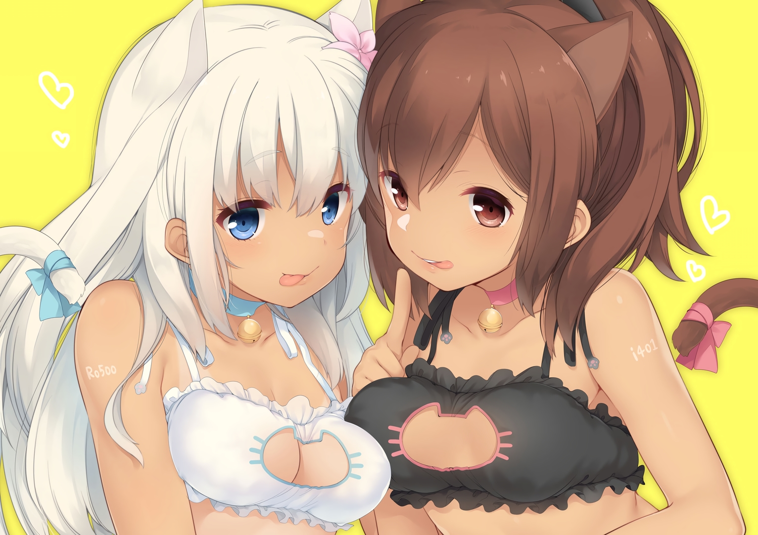 animal_ears, anthropomorphism, bell, blue_eyes, bra, breasts, brown_eyes, brown_hair