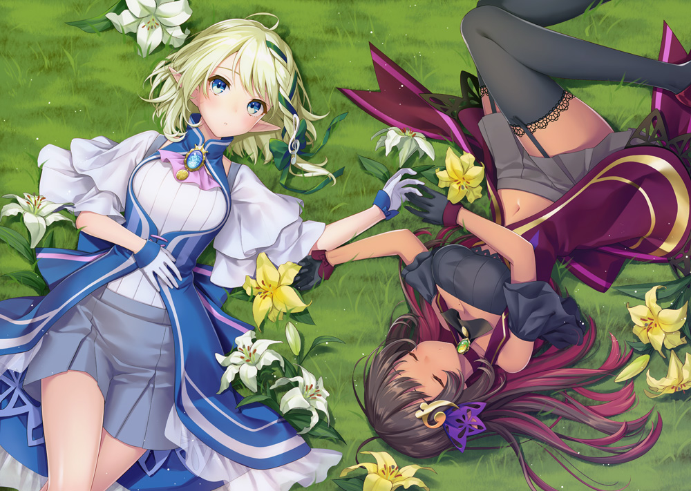 2girls, aria_project_2.0, black_hair, blue_eyes, breasts, cleavage, dark_skin, flowers, garter_belt, gloves, grass, green, green_hair, jpeg_artifacts, long_hair, navel, ne-on, petals, pointed_ears, senjou_aria, short_hair, skirt, sleeping, stockings, thighhighs, yoruno_noah