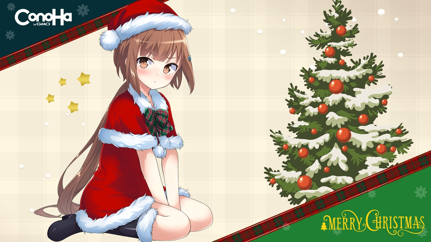 boots, brown_eyes, brown_hair, cape, christmas, dress, gmo, hat