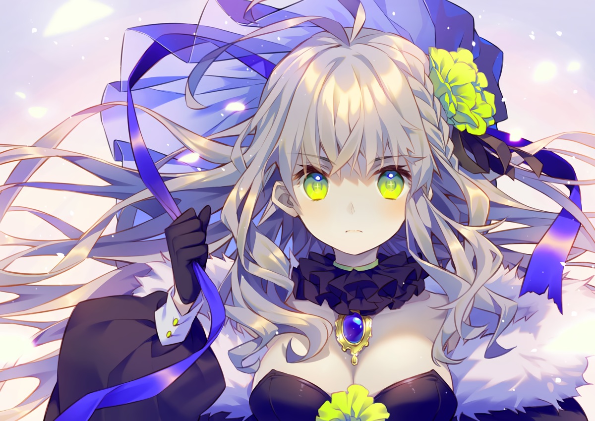 braids, breasts, cleavage, close, gloves, gray_hair, green_eyes, headdress, kurokuma_(kuro_kumagaya), long_hair, original, ribbons