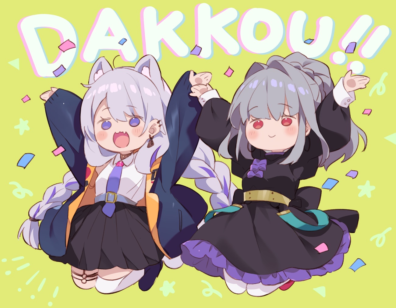 2girls, animal_ears, braids, catgirl, cat_smile, dress, fang, garter