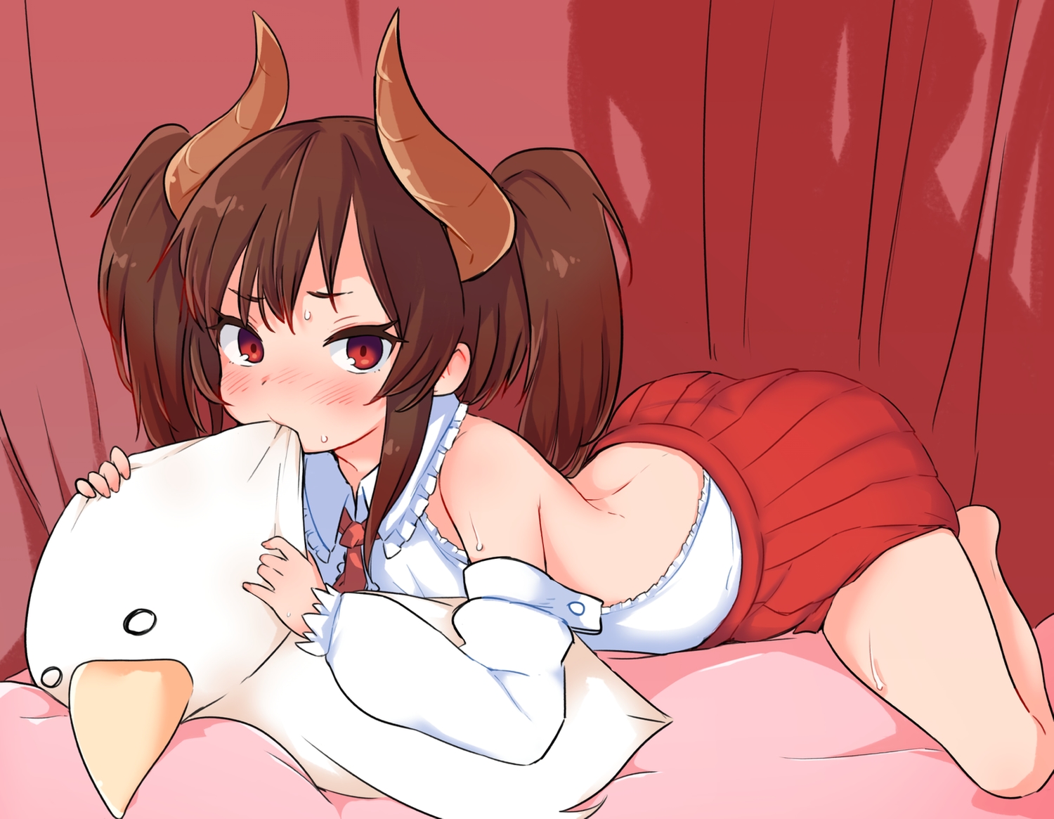 bed, blush, brown_hair, cropped, done_(donezumi), horns, loli, long_hair, orange_eyes, original, red_eyes, skirt, tie, twintails, waifu2x