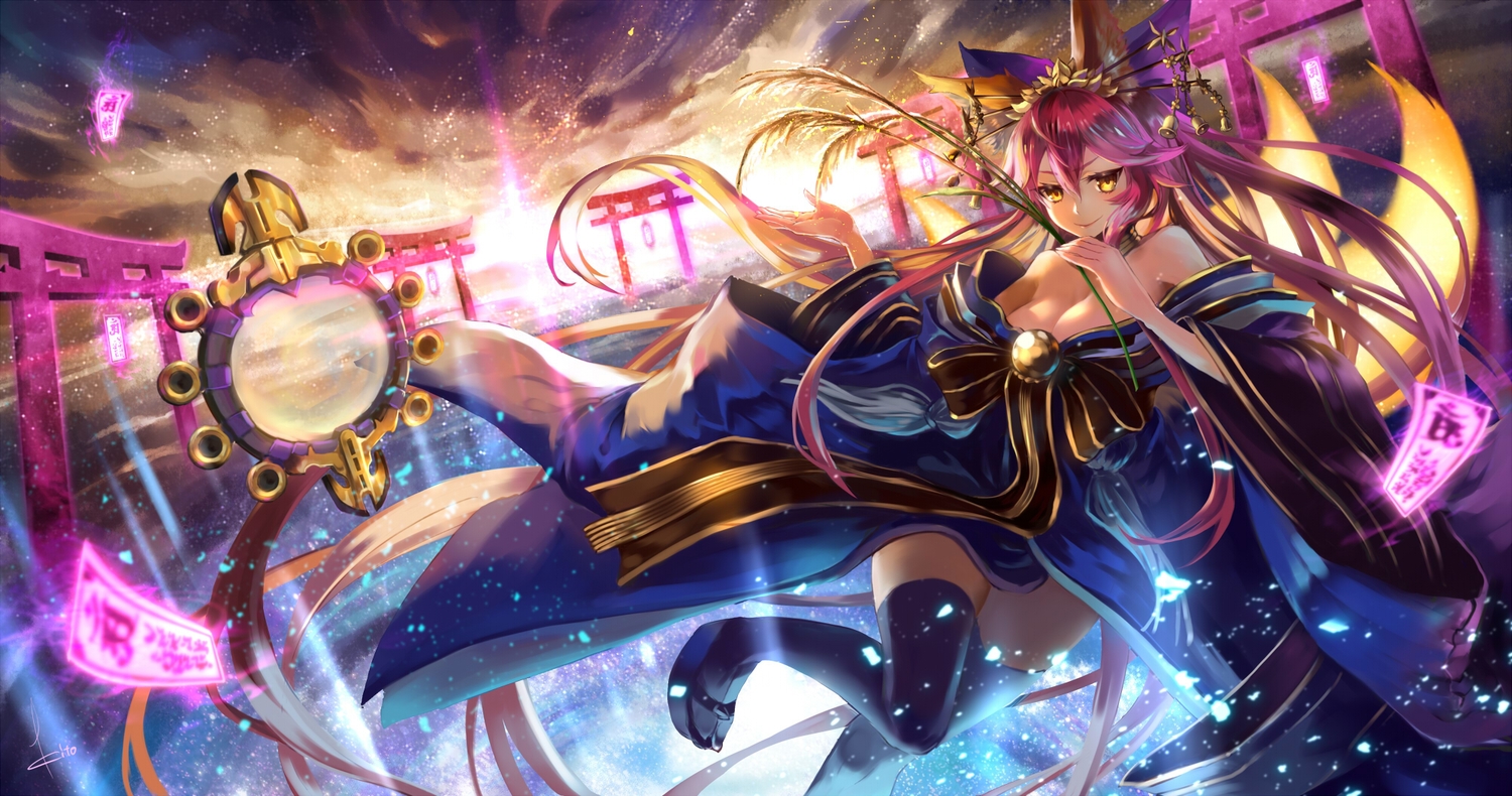 animal_ears, bell, breasts, cleavage, clouds, fate/grand_order, fate_(series), foxgirl