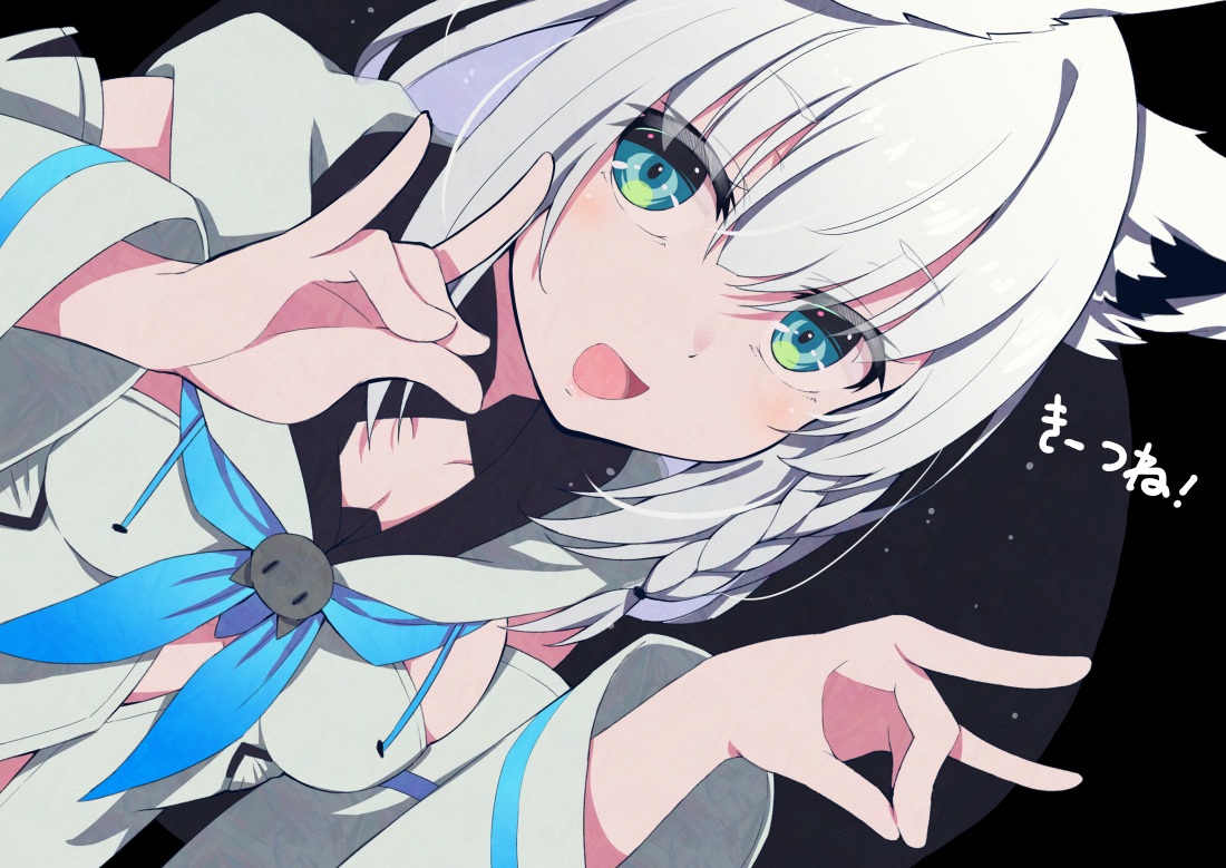 animal_ears, black, blue_eyes, braids, breasts, cleavage, close, cyanomirahi, foxgirl, hololive, long_hair, shirakami_fubuki, white_hair