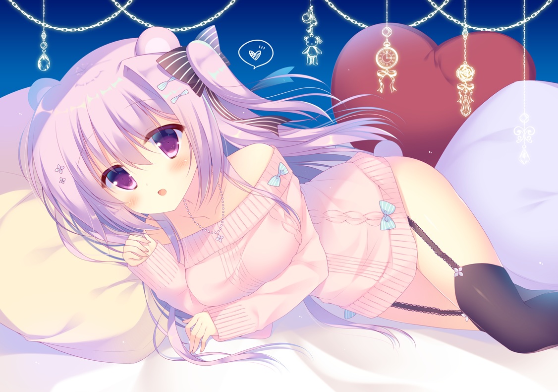 animal_ears, bed, bow, garter_belt, long_hair, necklace, original, pink_hair, purple_eyes, sumii, tail, thighhighs
