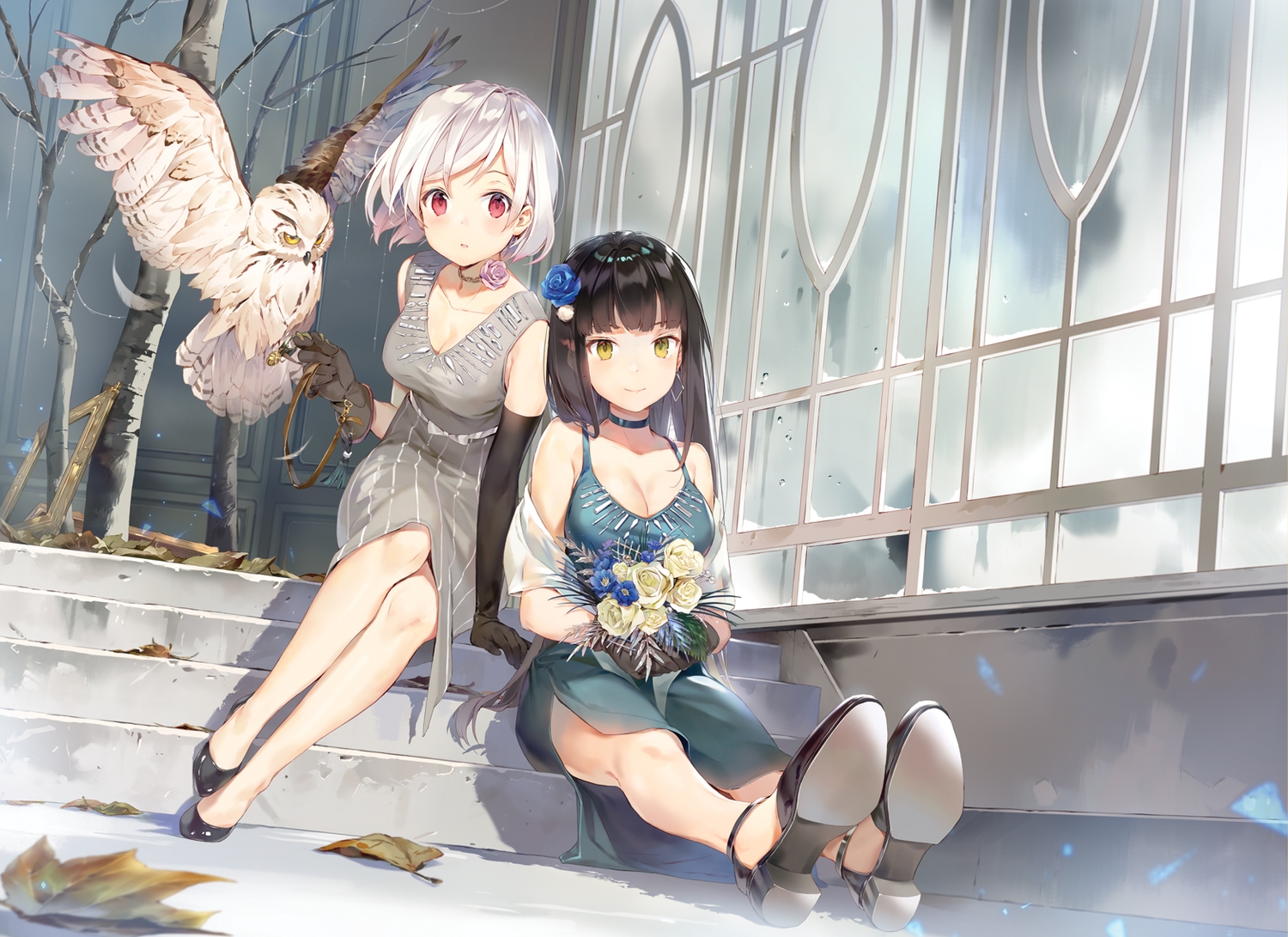 2girls, animal, bird, breasts, choker, cleavage, dress, elbow_gloves, flowers, gilse, gloves, long_hair, original, owl, red_eyes, rose, short_hair, stairs, tree, white_hair, yellow_eyes