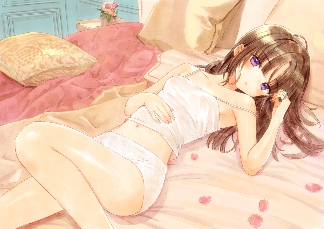 bed, blush, brown_hair, flowers, long_hair, navel, original, pajamas