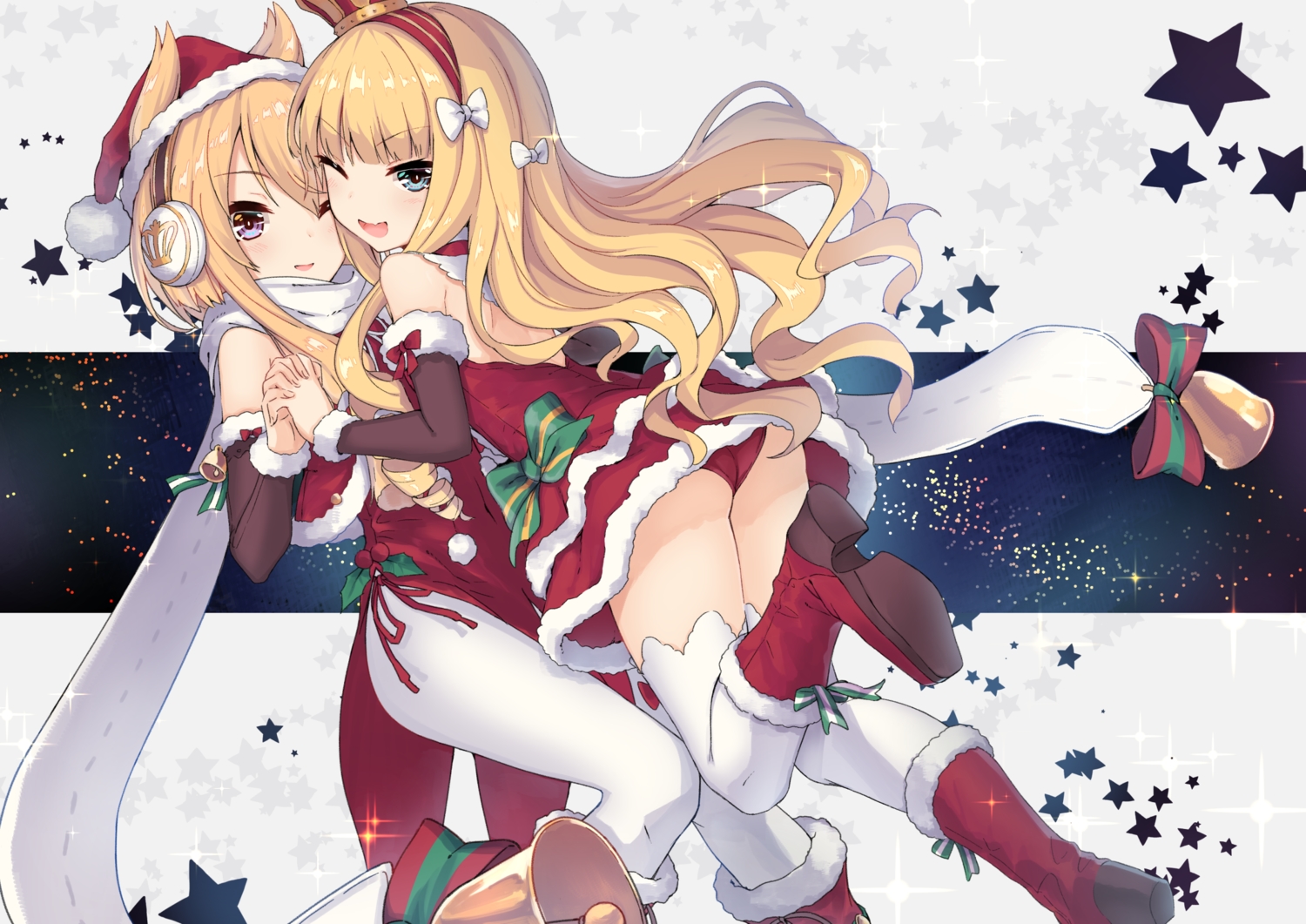 anthropomorphism, aqua_eyes, ass, azur_lane, bell, blonde_hair, blush, christmas