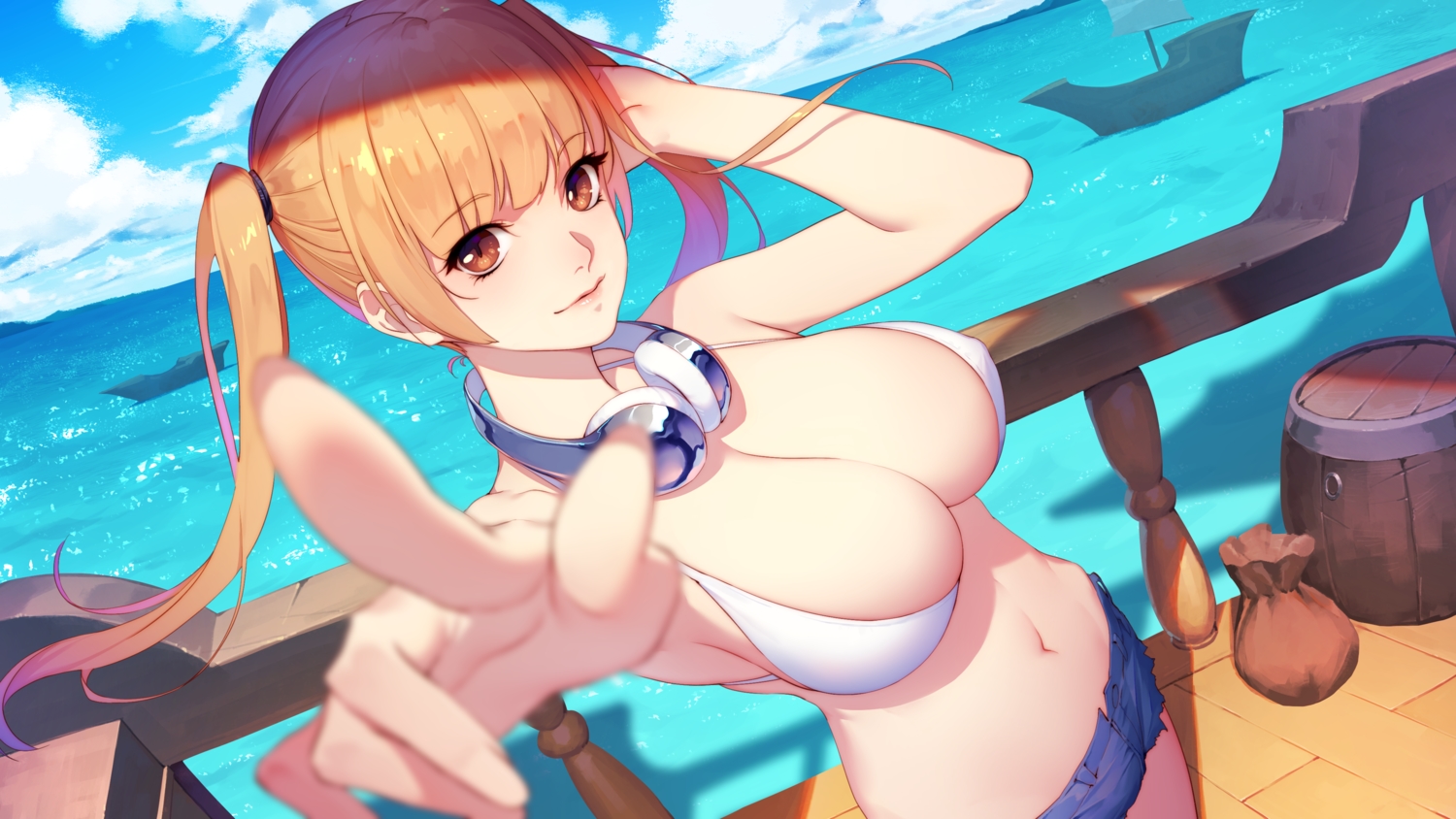 aliasing, bikini_top, blonde_hair, boat, breasts, brown_eyes, cleavage, clouds, daye_bie_qia_lian, headphones, long_hair, navel, original, shorts, sky, twintails, water