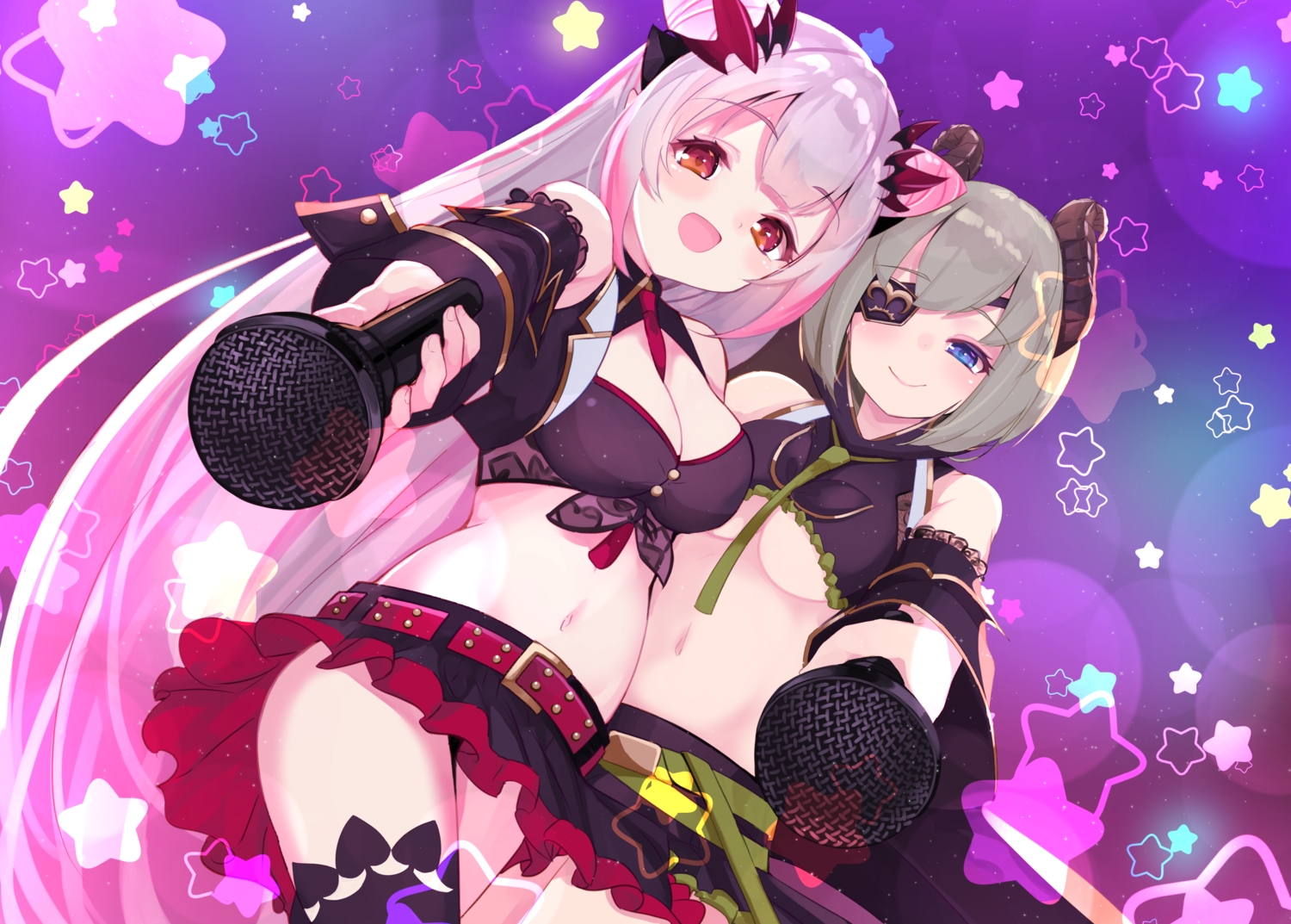 2girls, 774_inc., blue_eyes, breasts, cleavage, demon, eyepatch, gray_hair